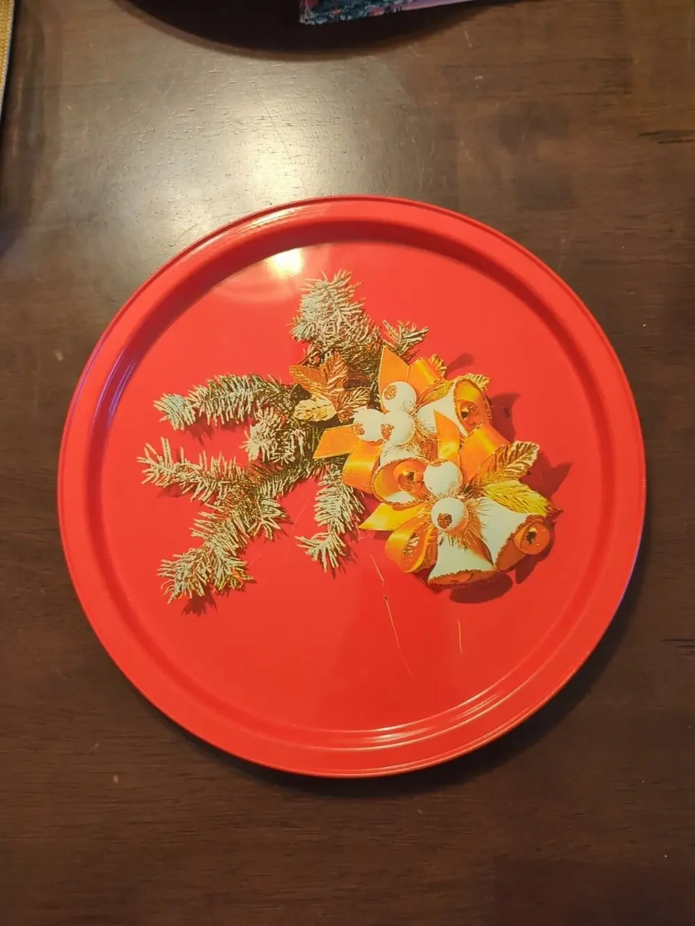 Vintage Metal Christmas Red Tray w/ Bells Round Serving Platter Tray